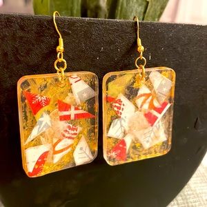 Handmade Festive Medium Holiday Earrings Gold Rectangle